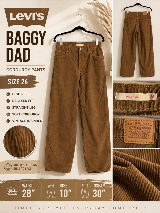 Levi's Denim - Levi's Baggy Dad Brown Corduroy Pants Size 26 High Rise Straight Wide Leg